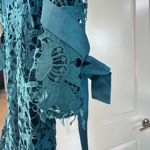 Teal Lace detailed Midi Dress with bell sleeves ties and belled flare bottom 2 - Picture 5 of 8
